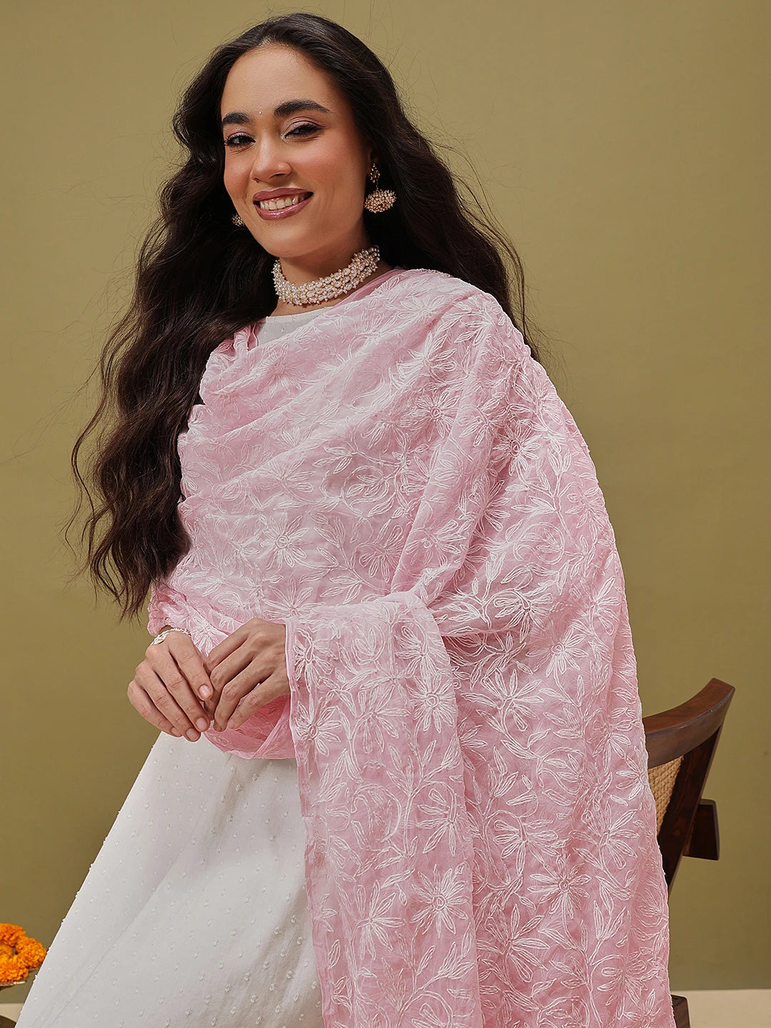 Ada Hand Embroidered Baby Pink Georgette Lucknowi Chikankari Dupatta A511230