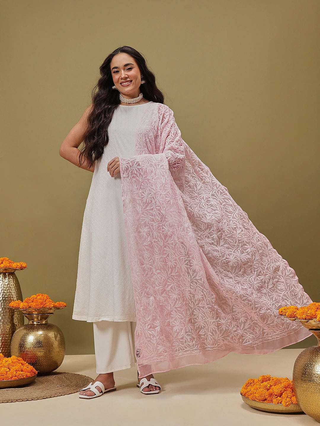 Ada Hand Embroidered Baby Pink Georgette Lucknowi Chikankari Dupatta A511230