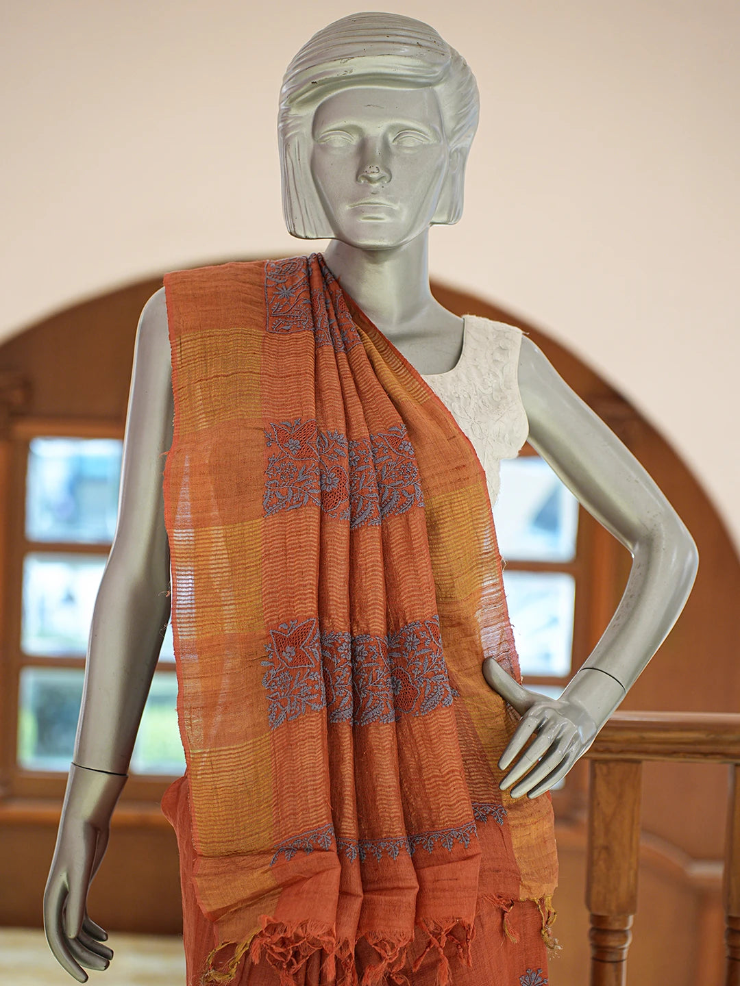 Ada Hand Embroidered Rust Tussar Silk Lucknowi Chikankari Saree and Blouse 01A836804