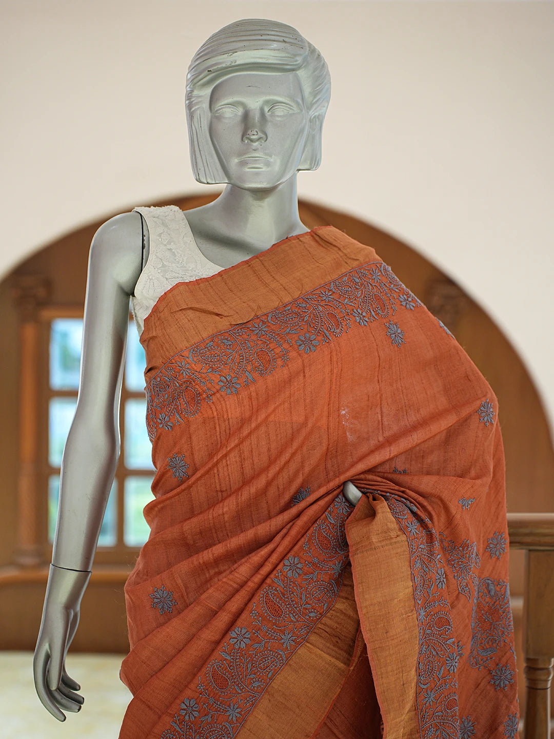 Ada Hand Embroidered Rust Tussar Silk Lucknowi Chikankari Saree and Blouse 01A836804