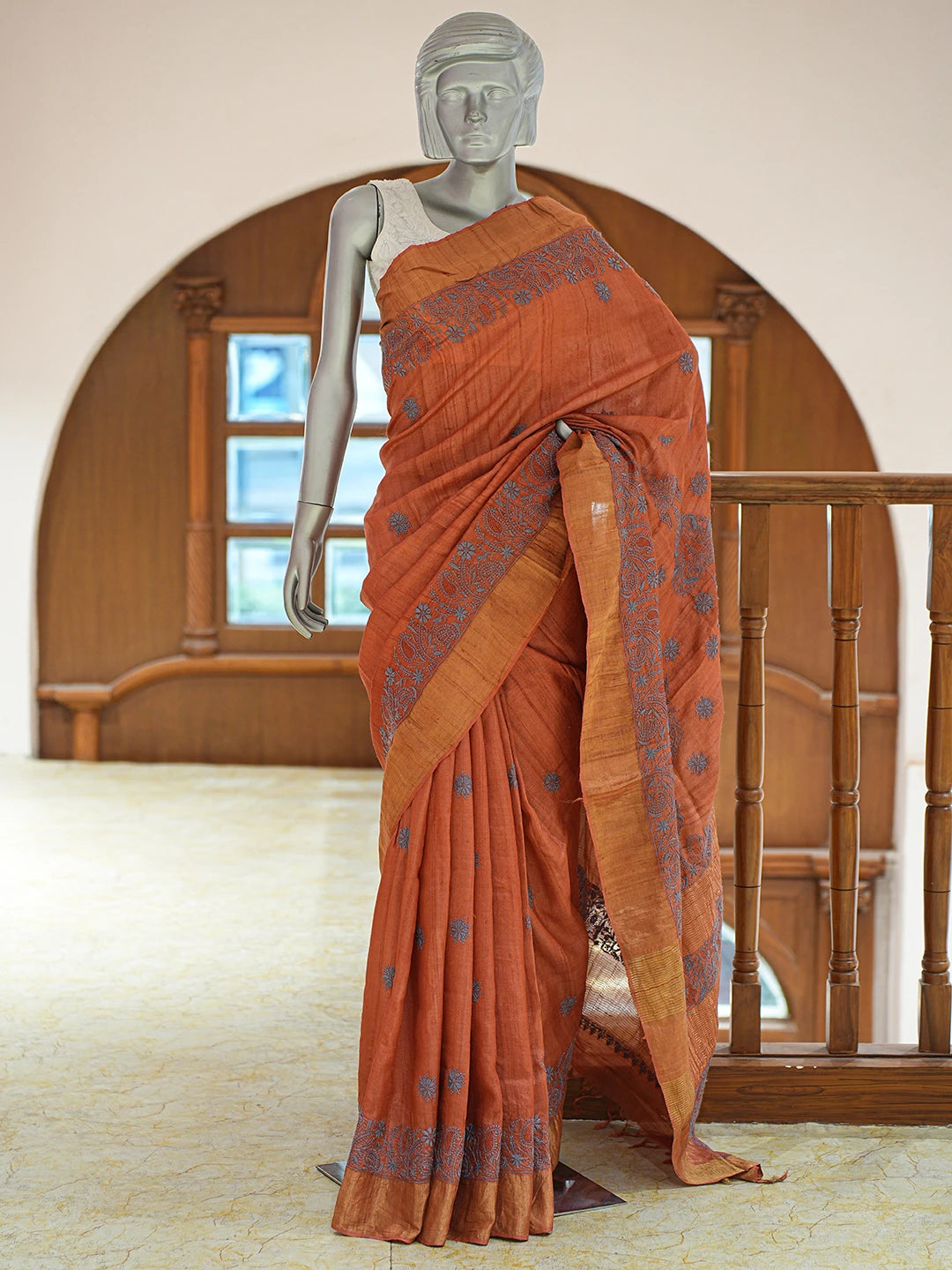 Ada Hand Embroidered Rust Tussar Silk Lucknowi Chikankari Saree and Blouse 01A836804
