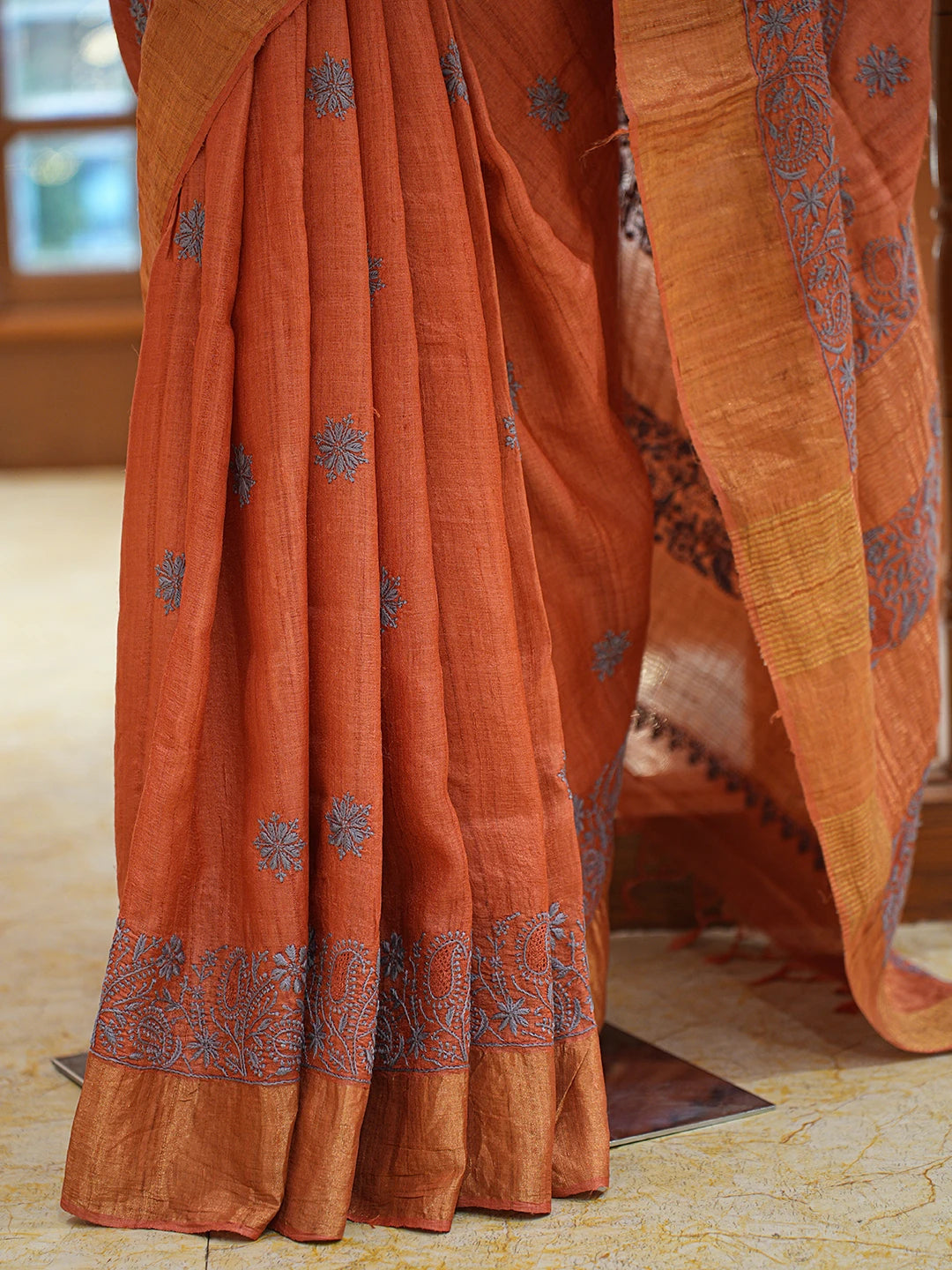 Ada Hand Embroidered Rust Tussar Silk Lucknowi Chikankari Saree and Blouse 01A836804