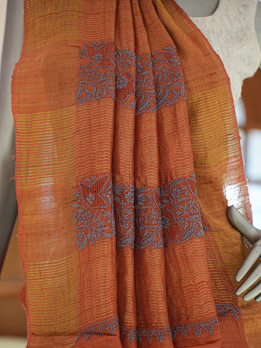 Ada Hand Embroidered Rust Tussar Silk Lucknowi Chikankari Saree and Blouse 01A836804