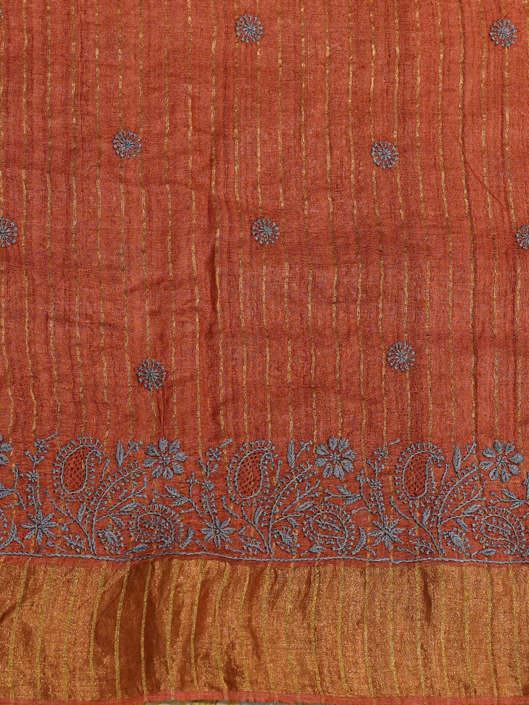 Ada Hand Embroidered Rust Tussar Silk Lucknowi Chikankari Saree and Blouse 01A836804