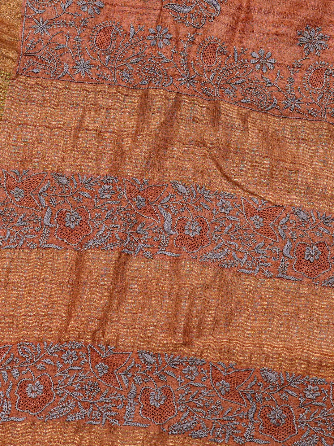 Ada Hand Embroidered Rust Tussar Silk Lucknowi Chikankari Saree and Blouse 01A836804