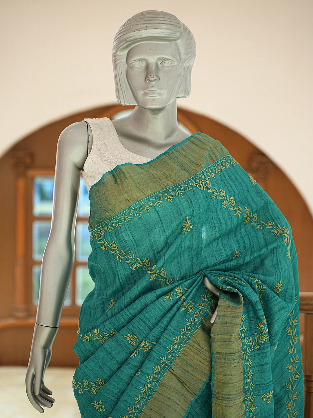 Ada Hand Embroidered Rama Green Silk Lucknowi Chikankari Saree and Blouse 01A837061
