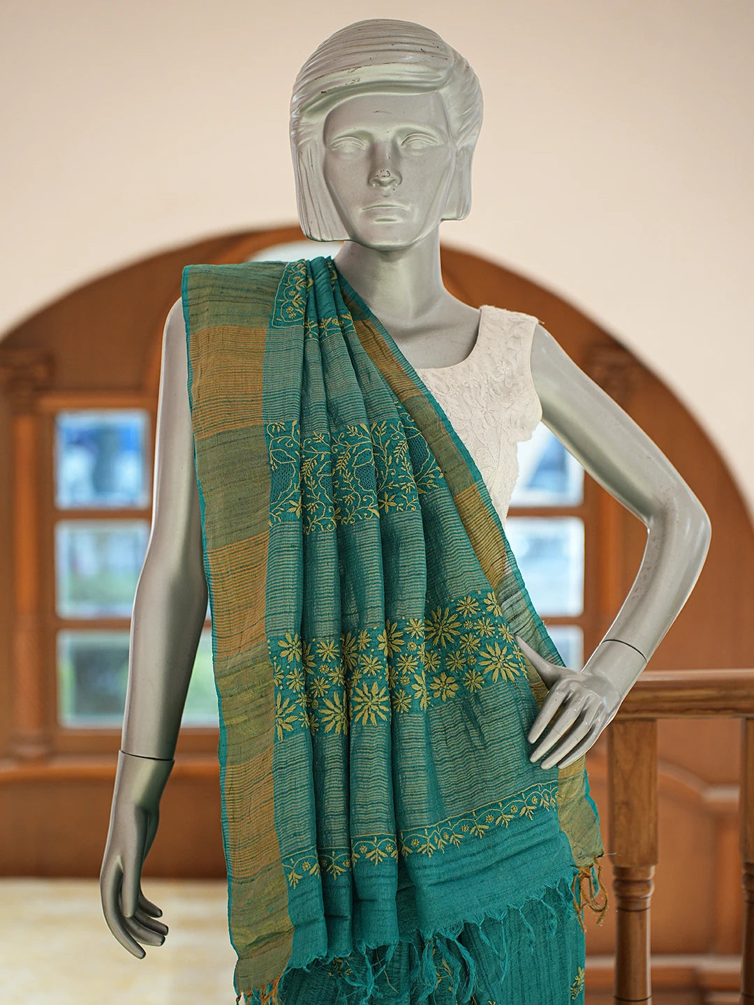 Ada Hand Embroidered Rama Green Silk Lucknowi Chikankari Saree and Blouse 01A837061