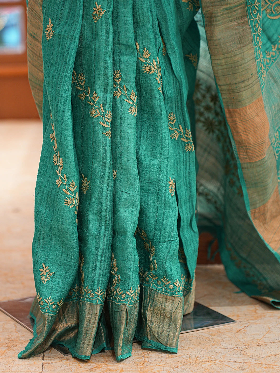 Ada Hand Embroidered Rama Green Silk Lucknowi Chikankari Saree and Blouse 01A837061