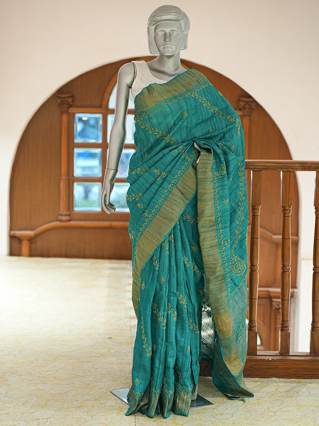Ada Hand Embroidered Rama Green Silk Lucknowi Chikankari Saree and Blouse 01A837061