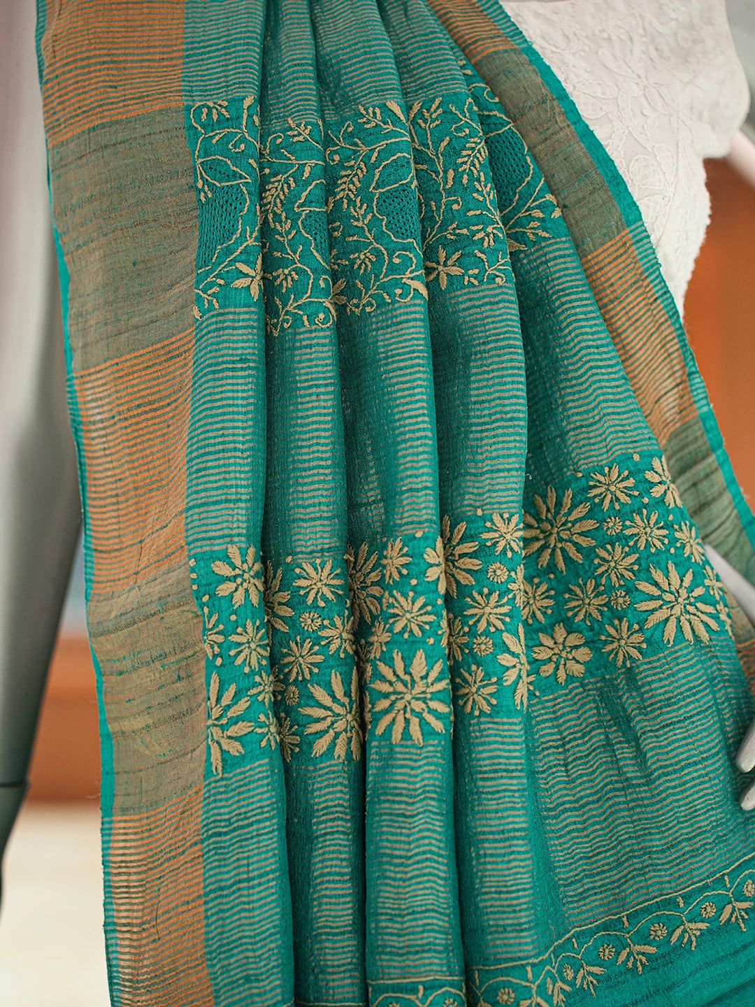 Ada Hand Embroidered Rama Green Silk Lucknowi Chikankari Saree and Blouse 01A837061