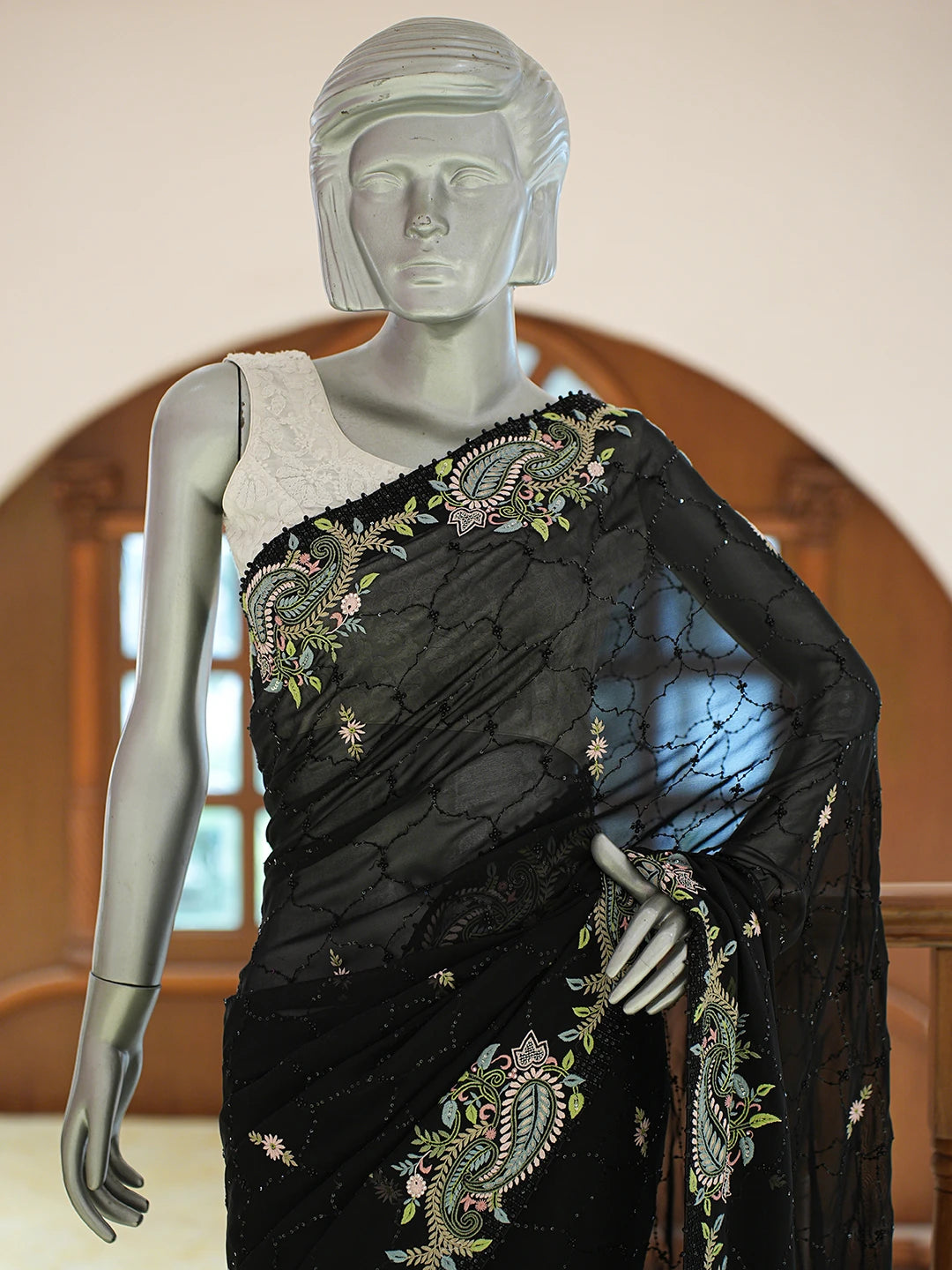 Ada Hand Embroidered Black Pure Georgette Lucknowi Chikankari Saree and Blouse With Cutdana Work 01A774109