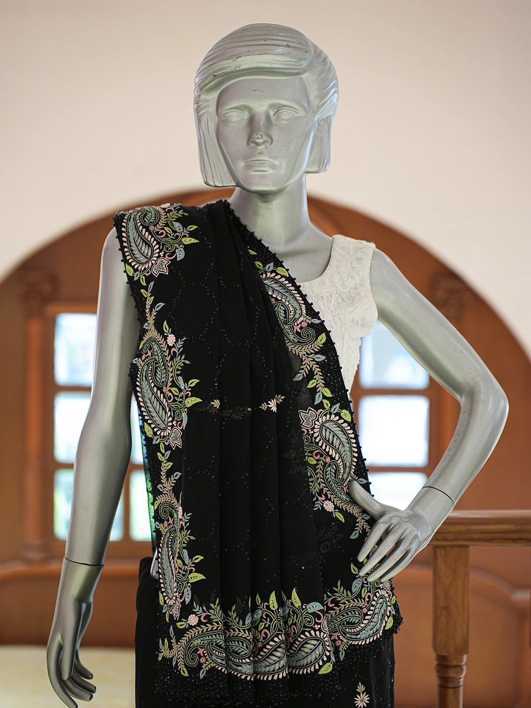 Ada Hand Embroidered Black Pure Georgette Lucknowi Chikankari Saree and Blouse With Cutdana Work 01A774109