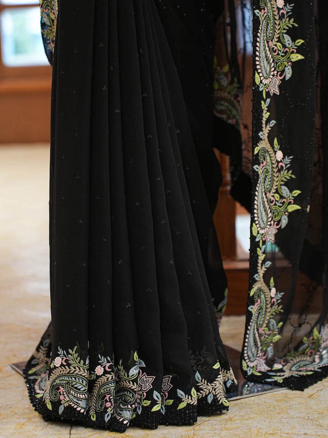 Ada Hand Embroidered Black Pure Georgette Lucknowi Chikankari Saree and Blouse With Cutdana Work 01A774109