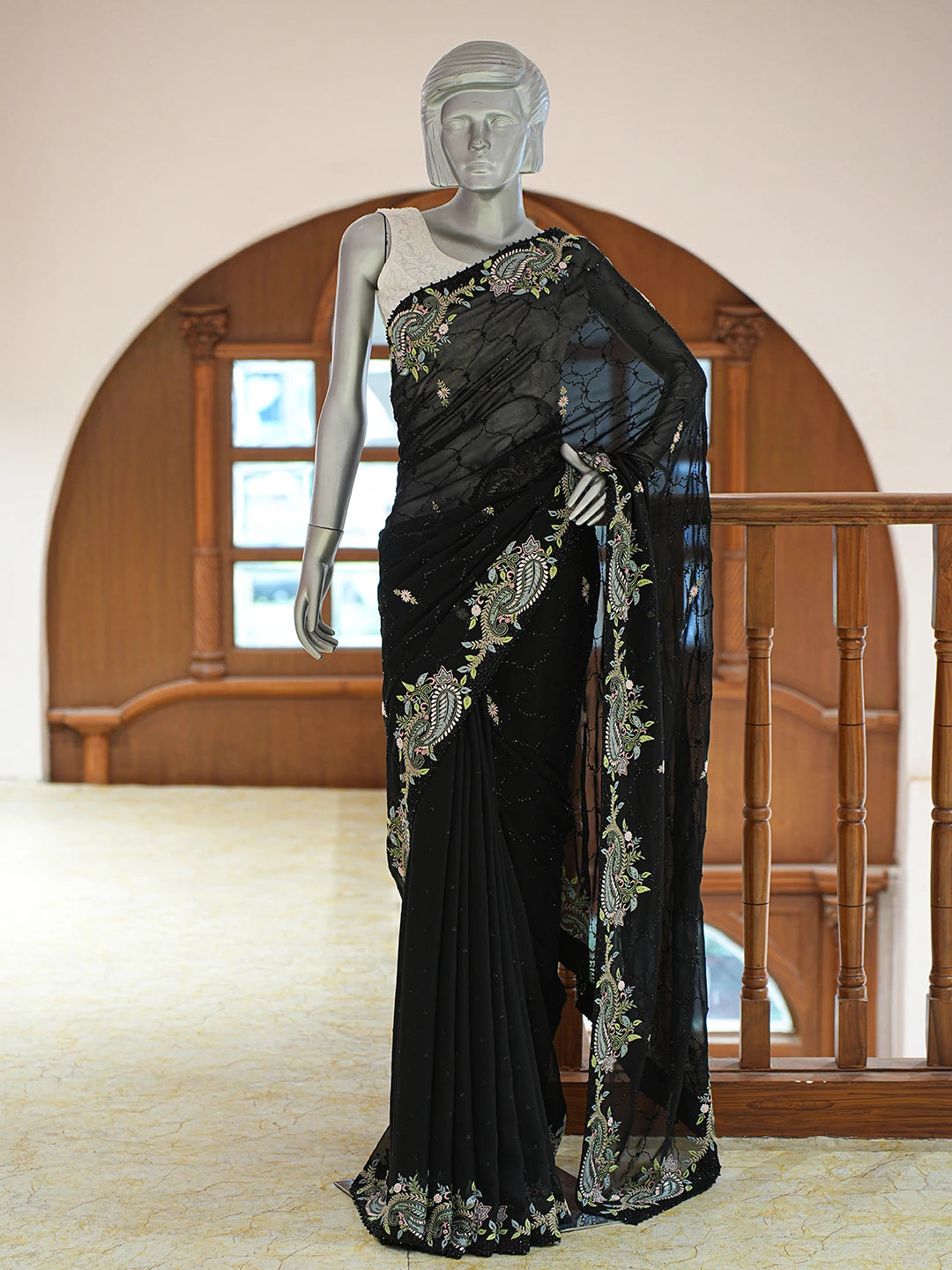 Ada Hand Embroidered Black Pure Georgette Lucknowi Chikankari Saree and Blouse With Cutdana Work 01A774109
