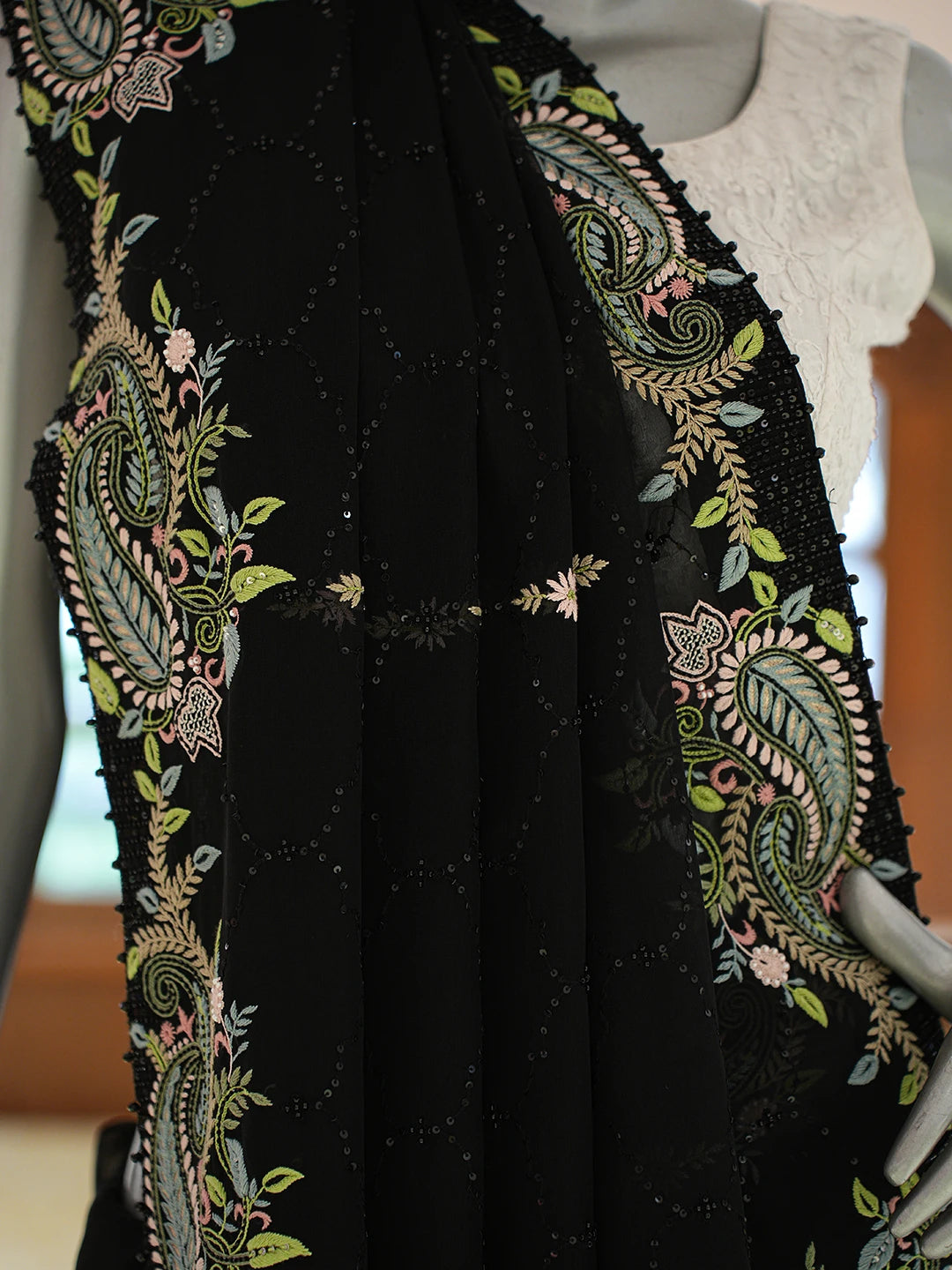 Ada Hand Embroidered Black Pure Georgette Lucknowi Chikankari Saree and Blouse With Cutdana Work 01A774109