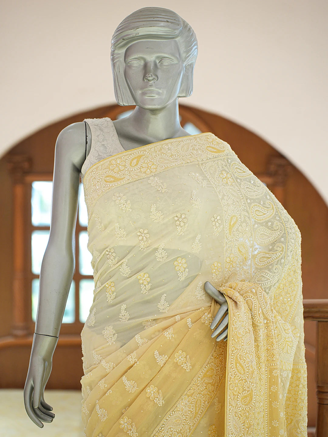 Ada Hand Embroidered Yellow Pure Georgette Lucknowi Chikankari Saree and Blouse With Cutdana Work 01A311737