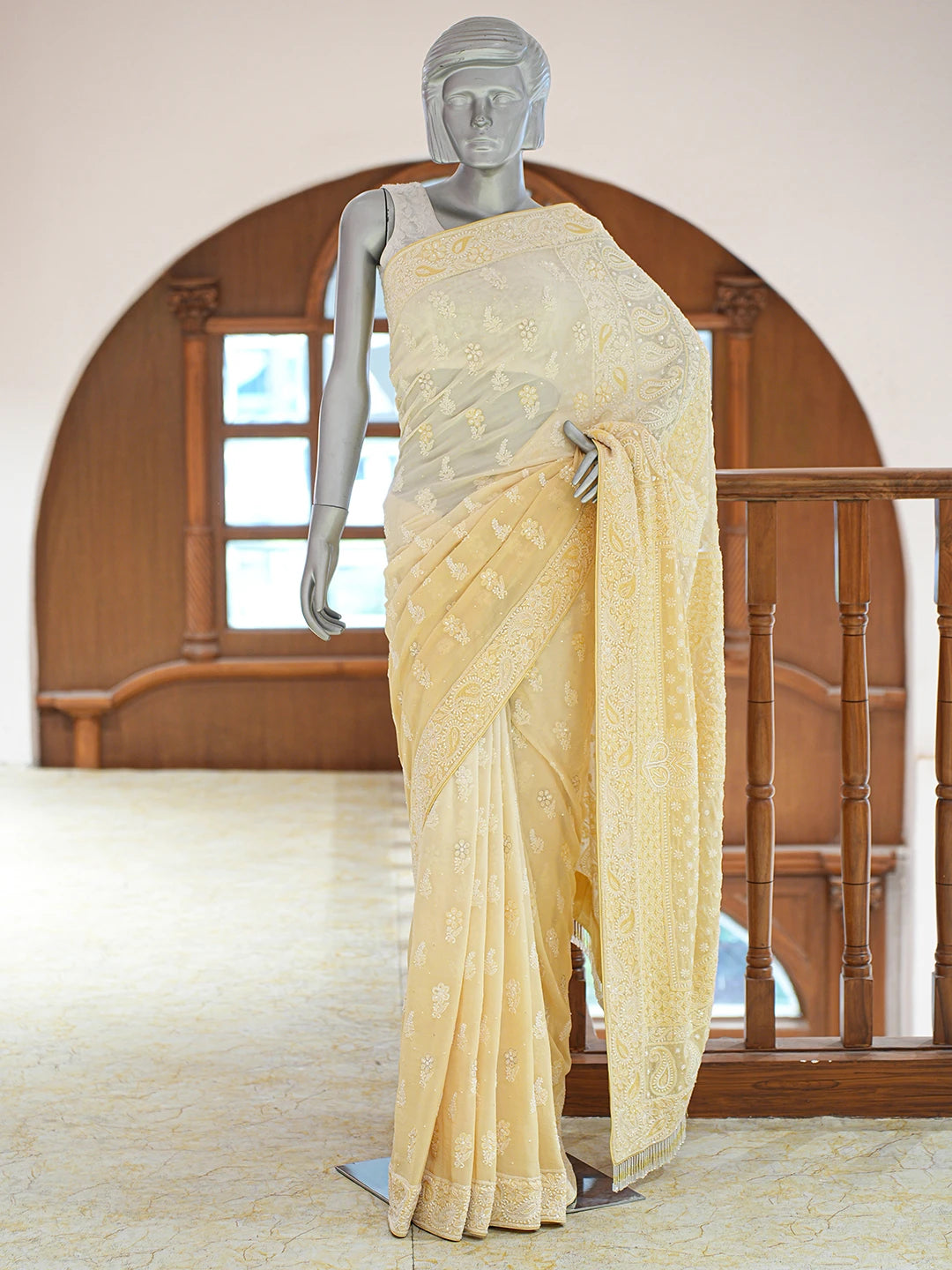 Ada Hand Embroidered Yellow Pure Georgette Lucknowi Chikankari Saree and Blouse With Cutdana Work 01A311737