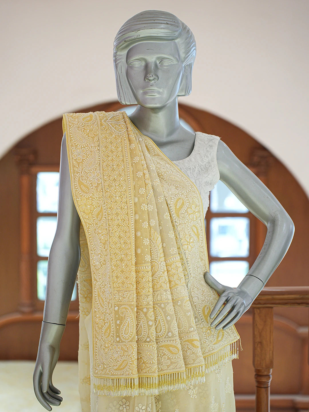 Ada Hand Embroidered Yellow Pure Georgette Lucknowi Chikankari Saree and Blouse With Cutdana Work 01A311737