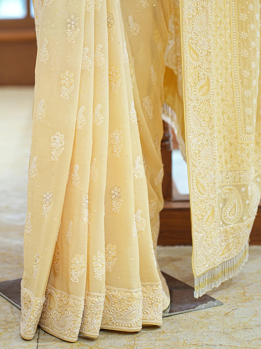 Ada Hand Embroidered Yellow Pure Georgette Lucknowi Chikankari Saree and Blouse With Cutdana Work 01A311737