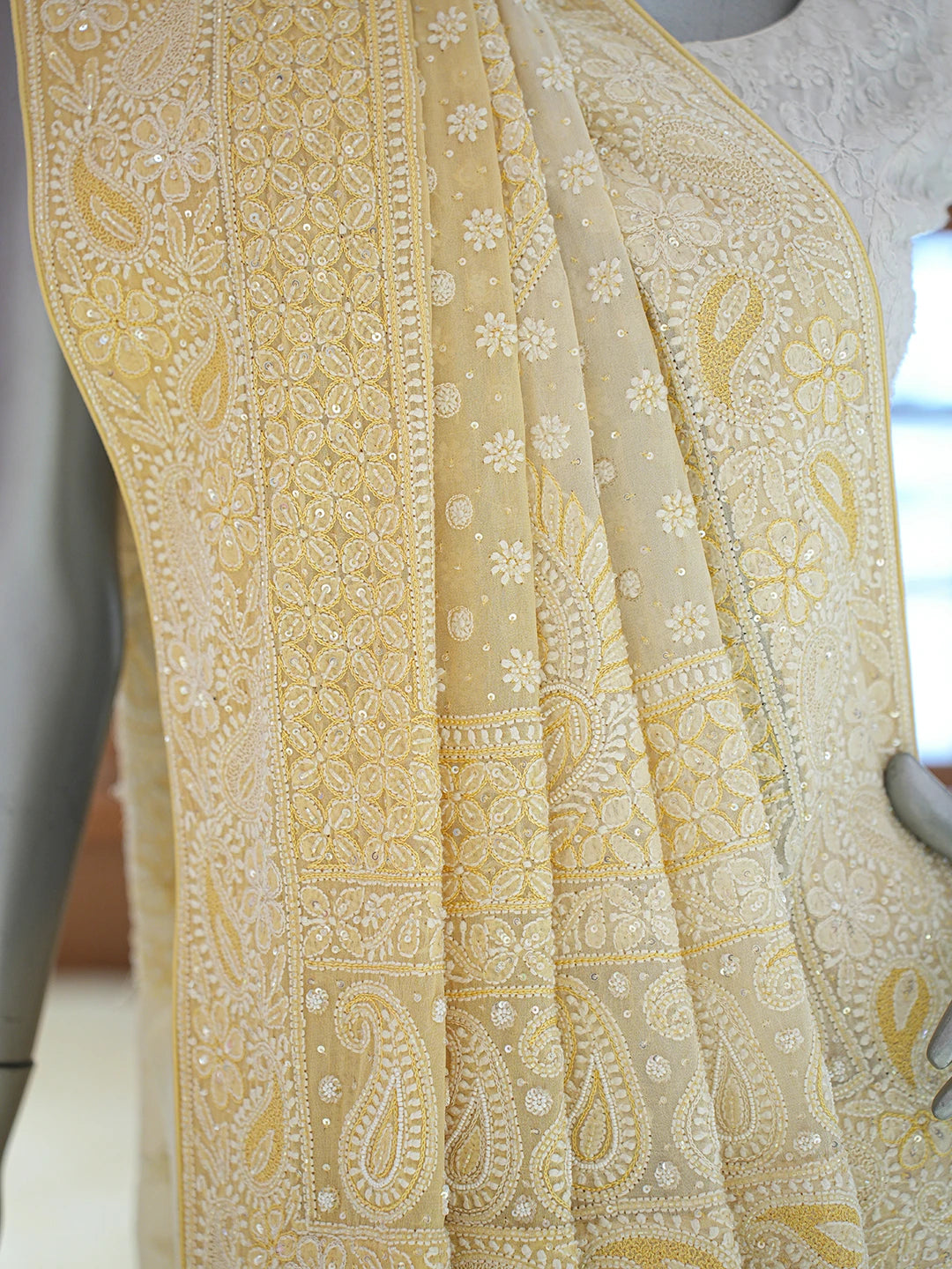 Ada Hand Embroidered Yellow Pure Georgette Lucknowi Chikankari Saree and Blouse With Cutdana Work 01A311737