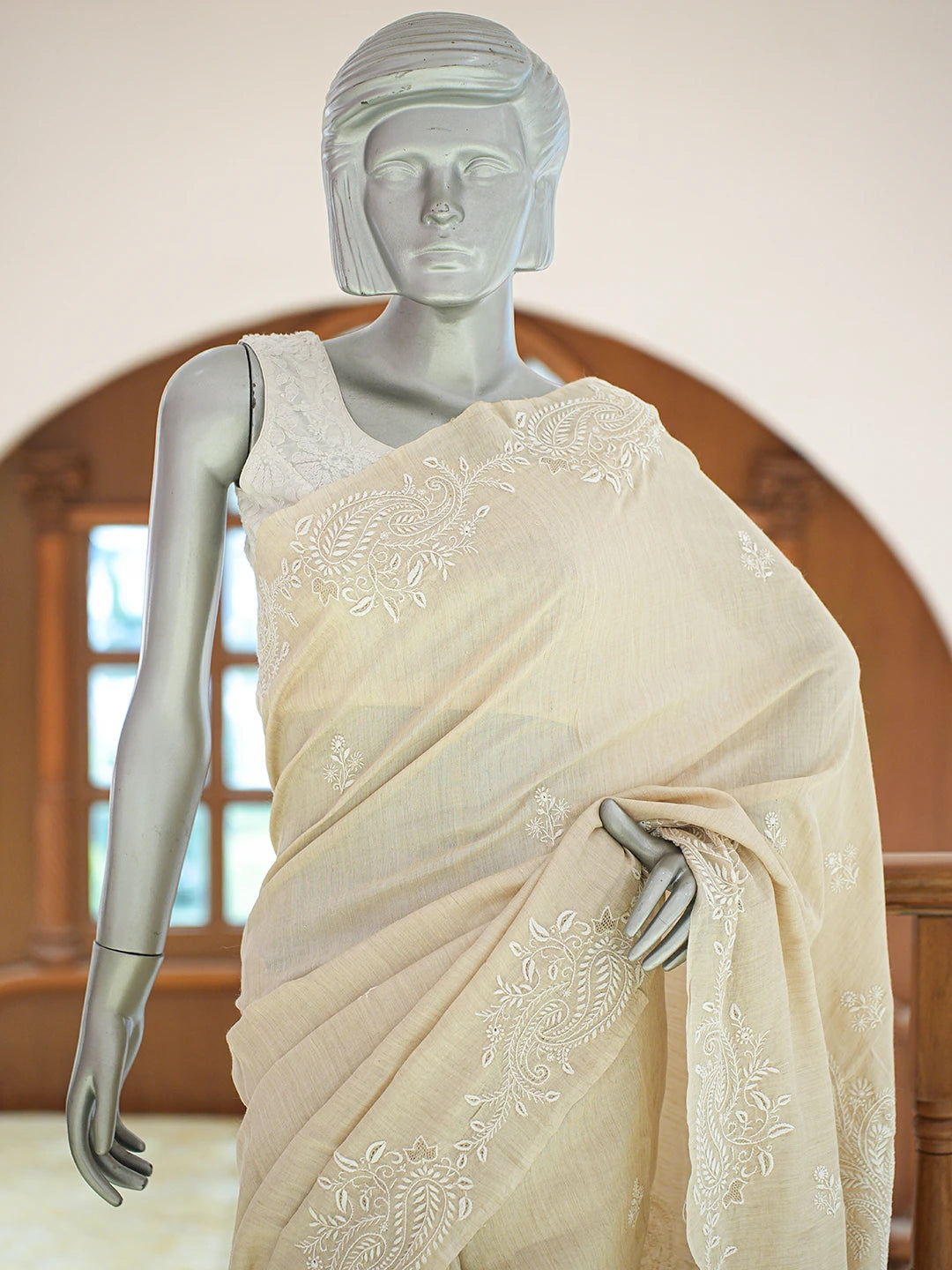 Ada Hand Embroidered Fawn Moonga Silk Lucknowi Chikankari Saree and Blouse 01A837064