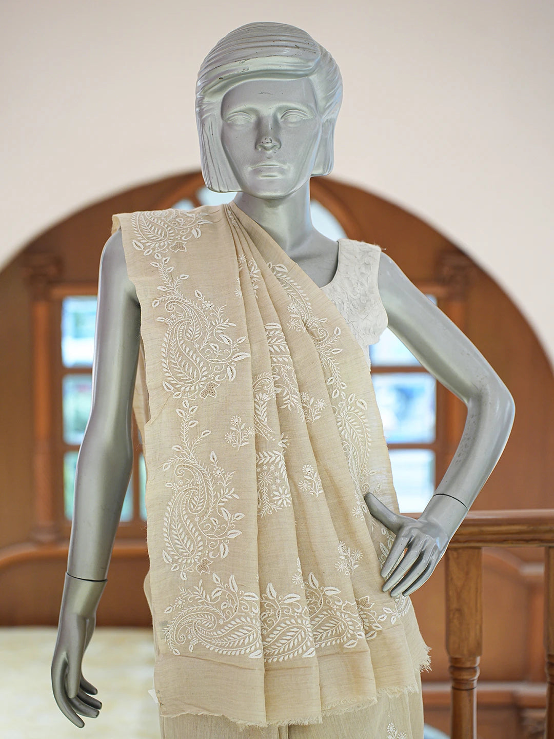 Ada Hand Embroidered Fawn Moonga Silk Lucknowi Chikankari Saree and Blouse 01A837064