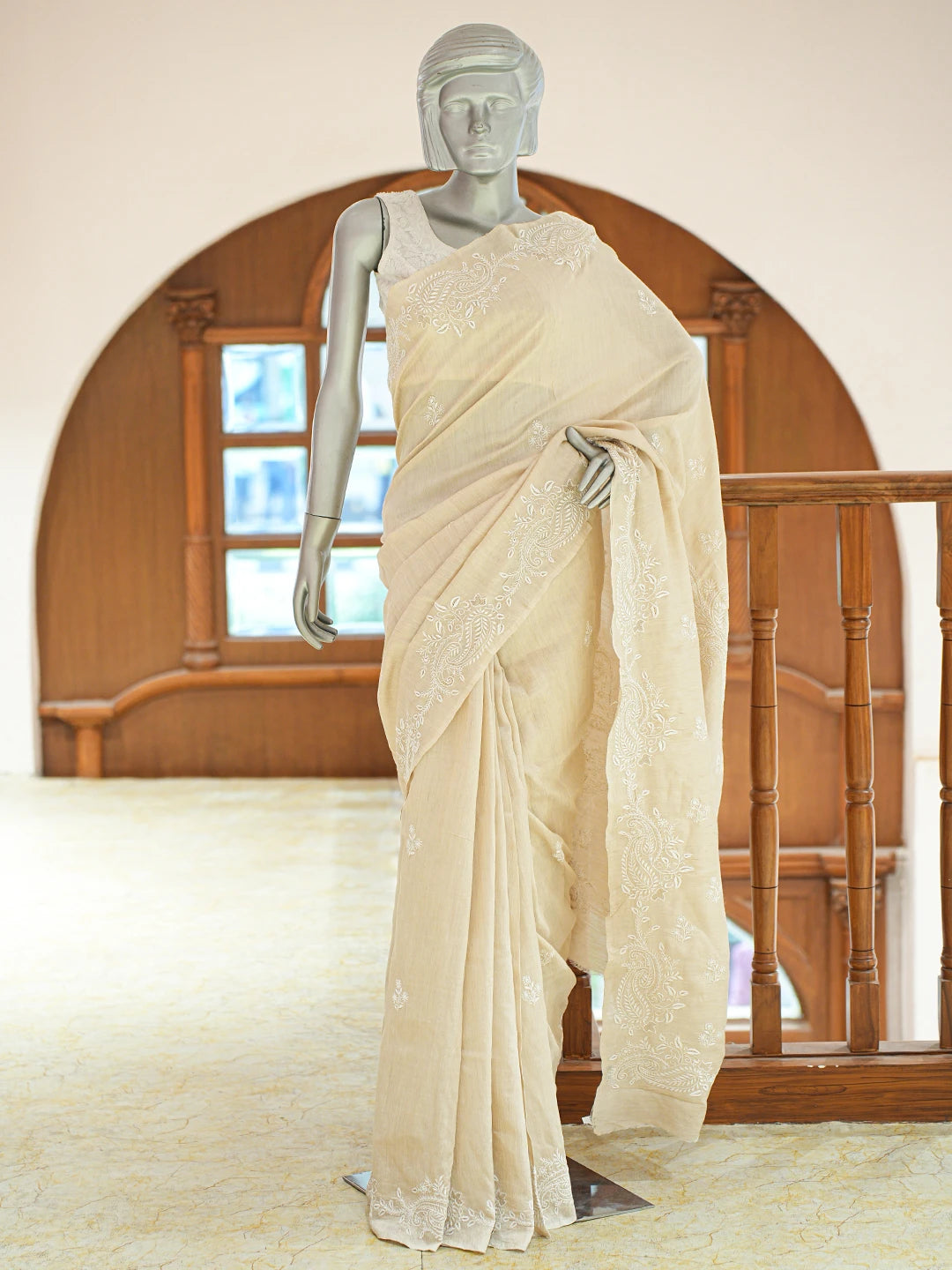 Ada Hand Embroidered Fawn Moonga Silk Lucknowi Chikankari Saree and Blouse 01A837064