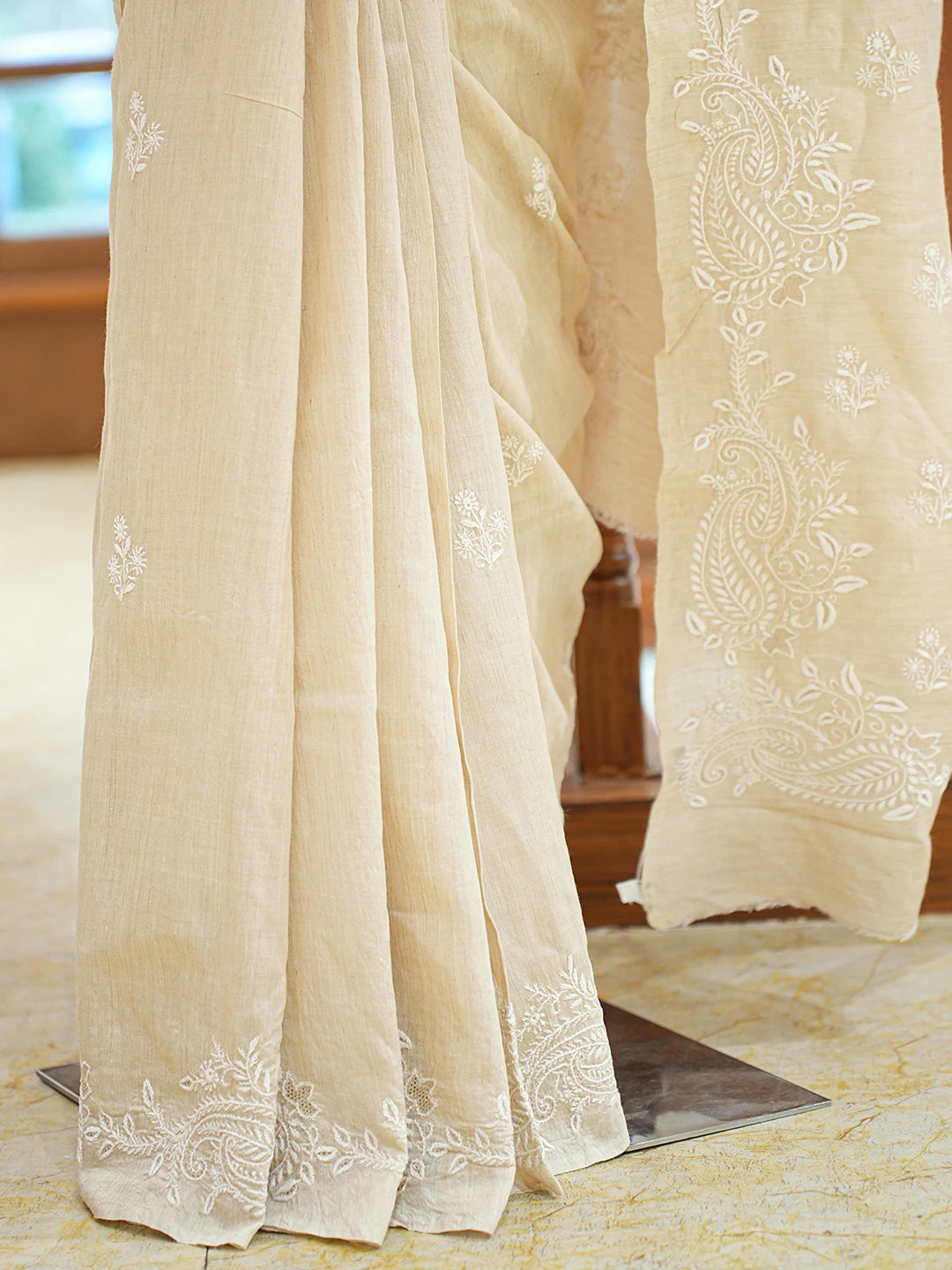 Ada Hand Embroidered Fawn Moonga Silk Lucknowi Chikankari Saree and Blouse 01A837064