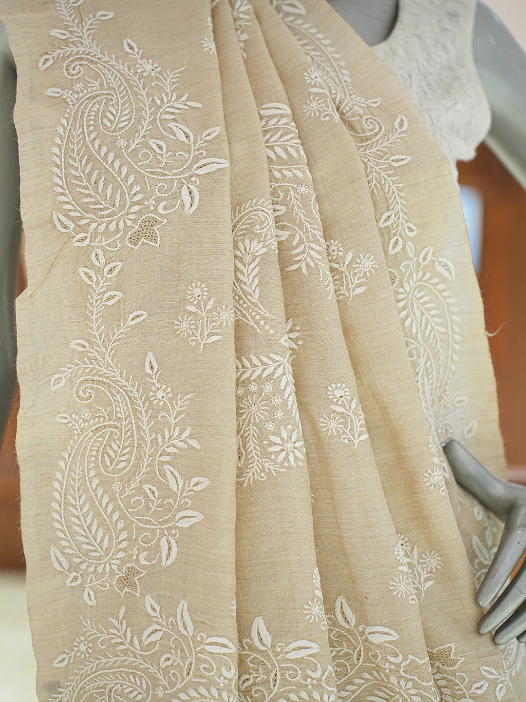 Ada Hand Embroidered Fawn Moonga Silk Lucknowi Chikankari Saree and Blouse 01A837064