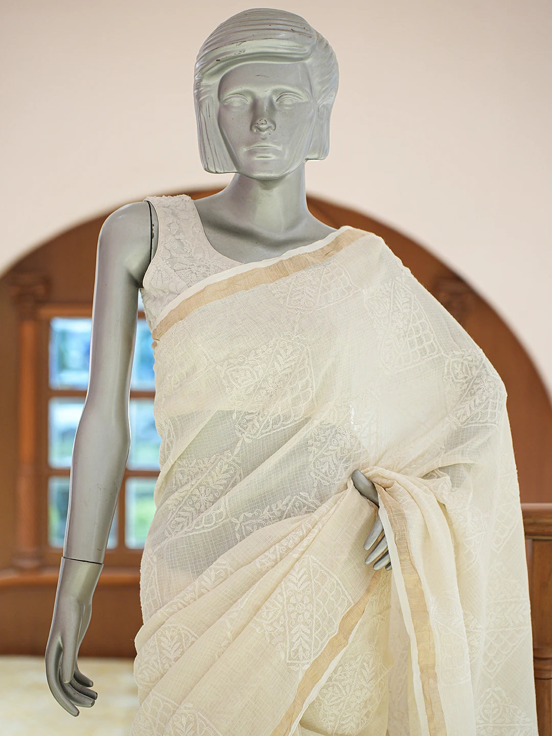 Ada Hand Embroidered Fawn Kota Moonga Lucknowi Chikankari Saree and Blouse 01A837063