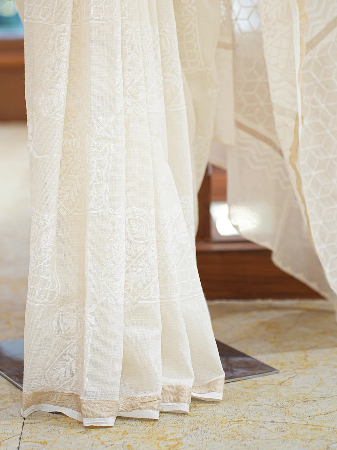 Ada Hand Embroidered Fawn Kota Moonga Lucknowi Chikankari Saree and Blouse 01A837063