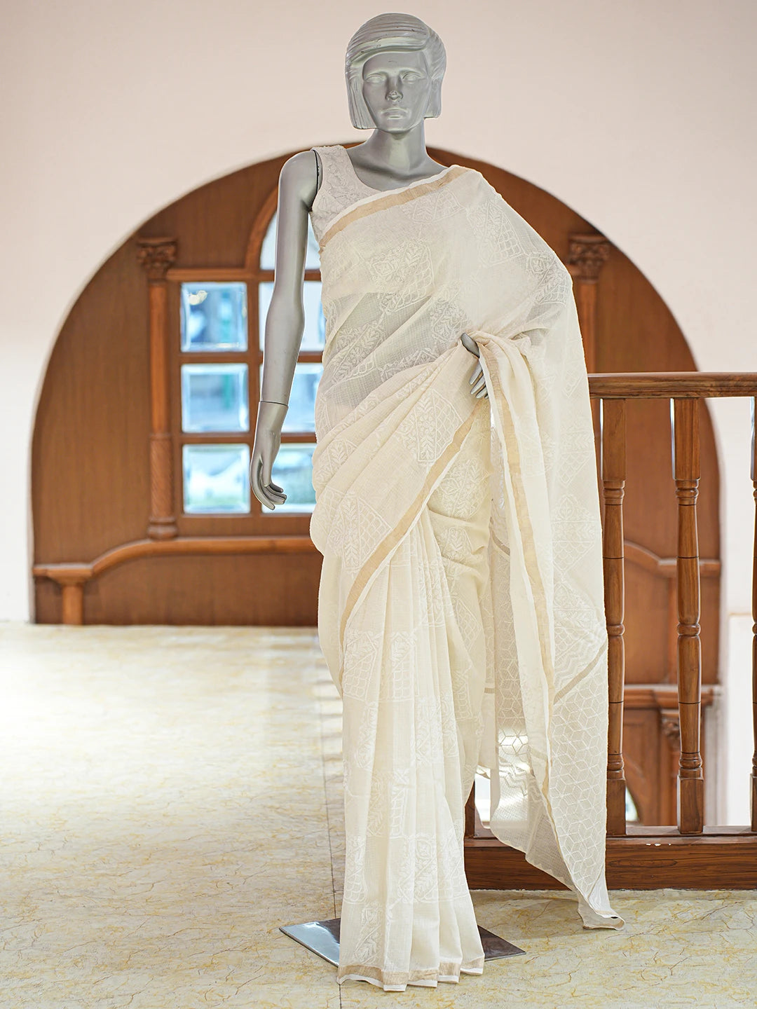 Ada Hand Embroidered Fawn Kota Moonga Lucknowi Chikankari Saree and Blouse 01A837063