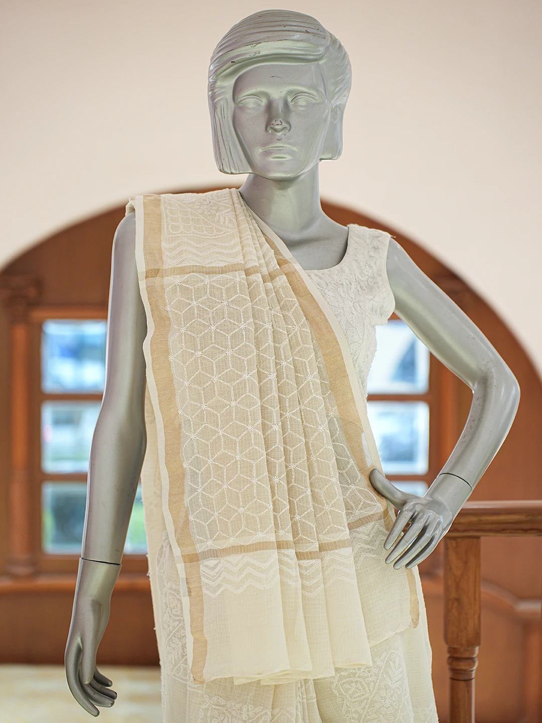Ada Hand Embroidered Fawn Kota Moonga Lucknowi Chikankari Saree and Blouse 01A837063