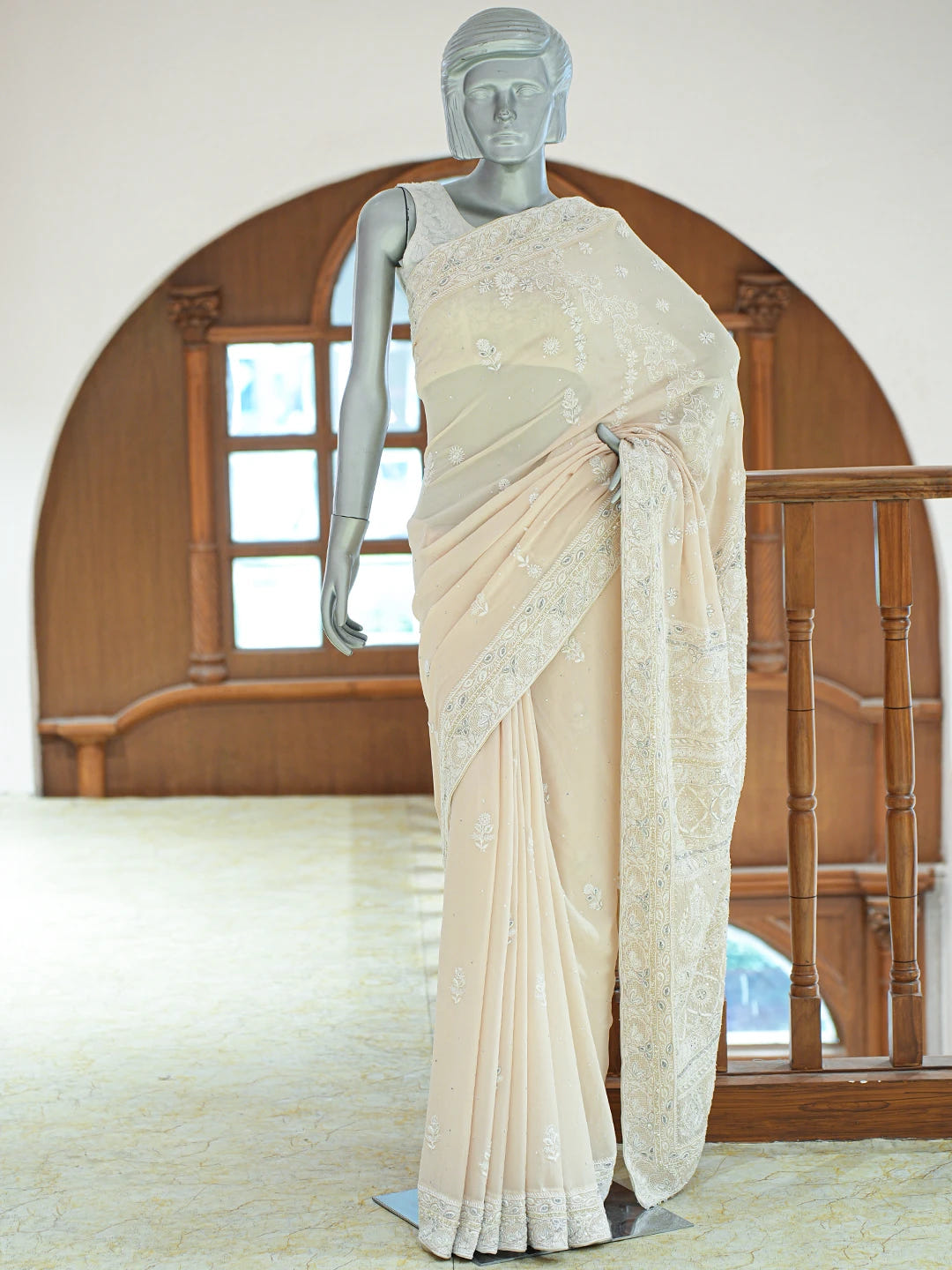 Ada Hand Embroidered Fawn Pure Georgette Lucknowi Chikankari Saree and Blouse With Cutdana Work 01A618522