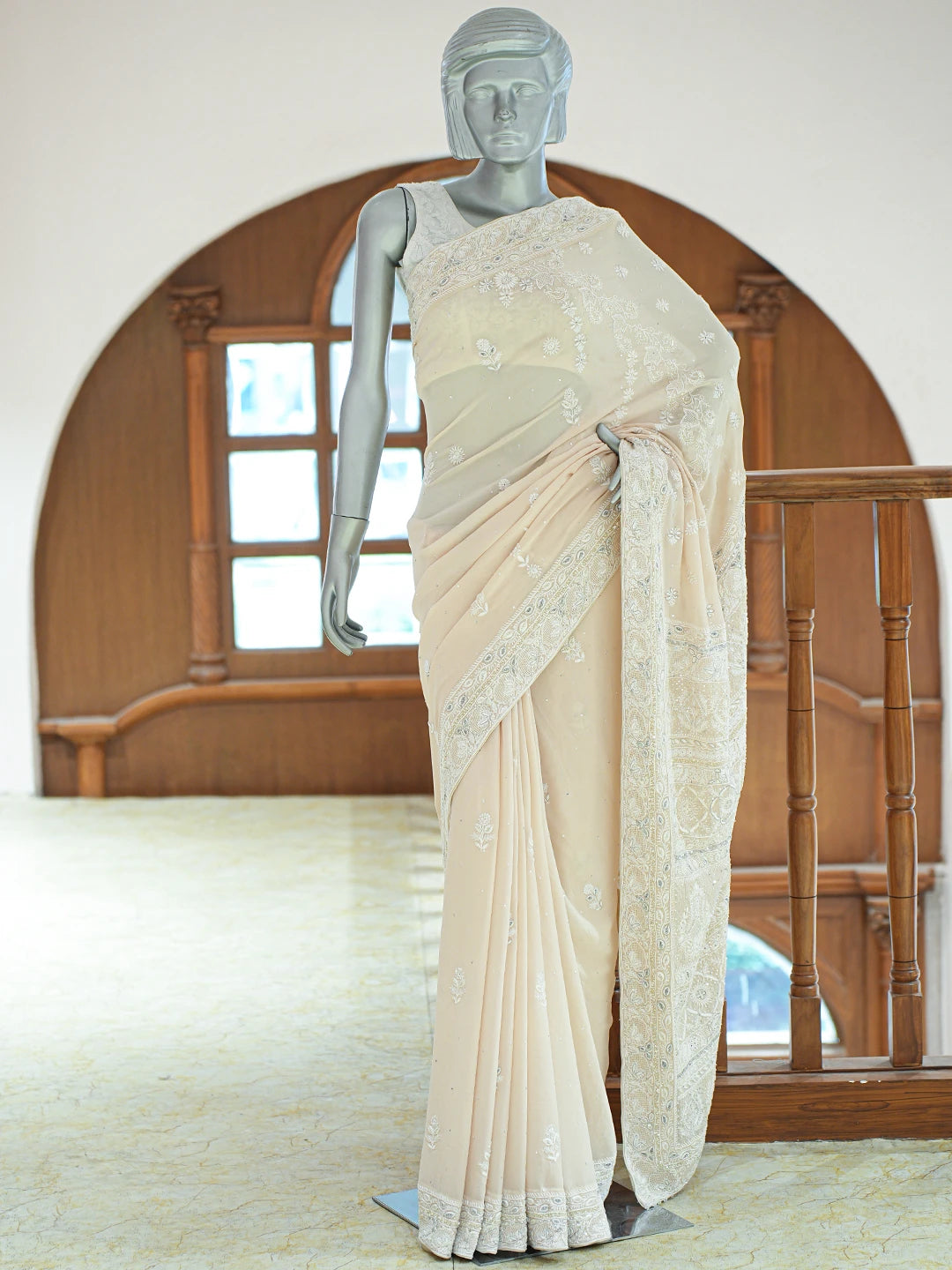 Ada Hand Embroidered Fawn Pure Georgette Lucknowi Chikankari Saree and Blouse With Cutdana Work 01A618522