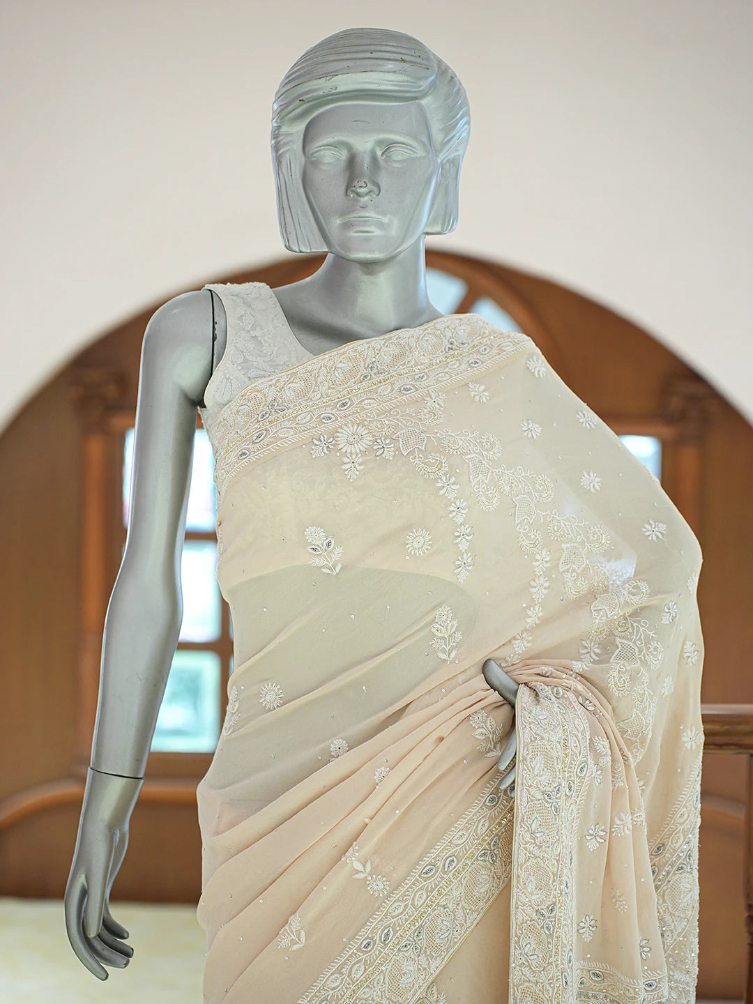 Ada Hand Embroidered Fawn Pure Georgette Lucknowi Chikankari Saree and Blouse With Cutdana Work 01A618522