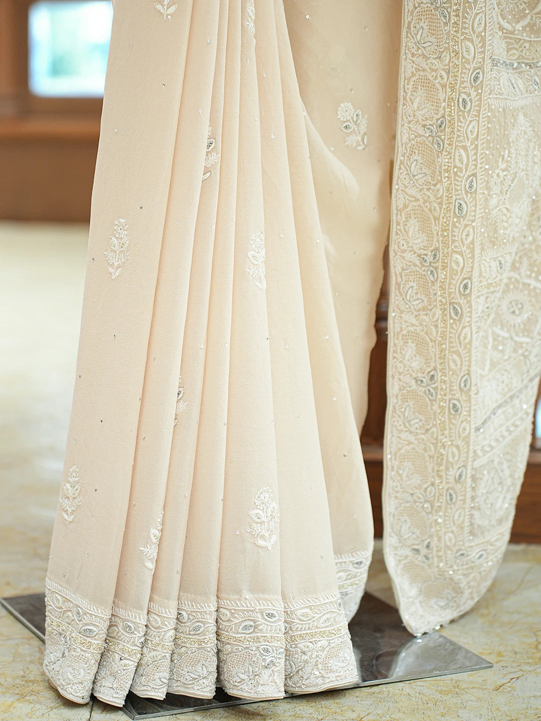 Ada Hand Embroidered Fawn Pure Georgette Lucknowi Chikankari Saree and Blouse With Cutdana Work 01A618522