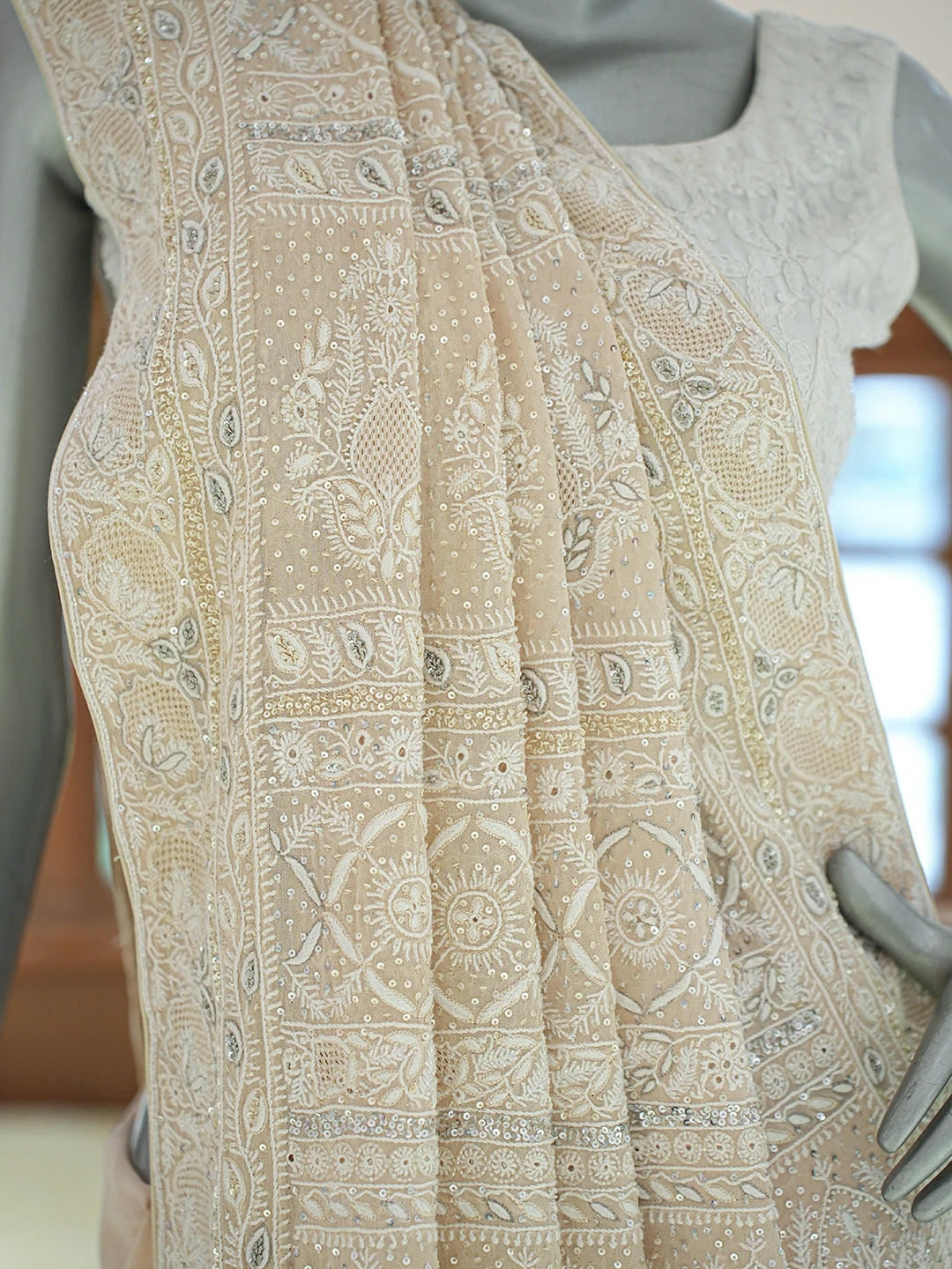 Ada Hand Embroidered Fawn Pure Georgette Lucknowi Chikankari Saree and Blouse With Cutdana Work 01A618522