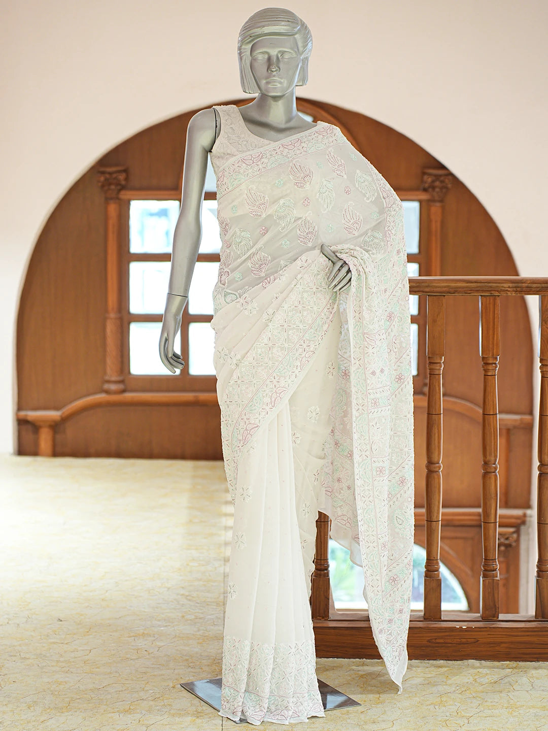 Ada Hand Embroidered White Pure Georgette Lucknowi Chikankari Saree and Blouse With Cutdana Work 01A628057