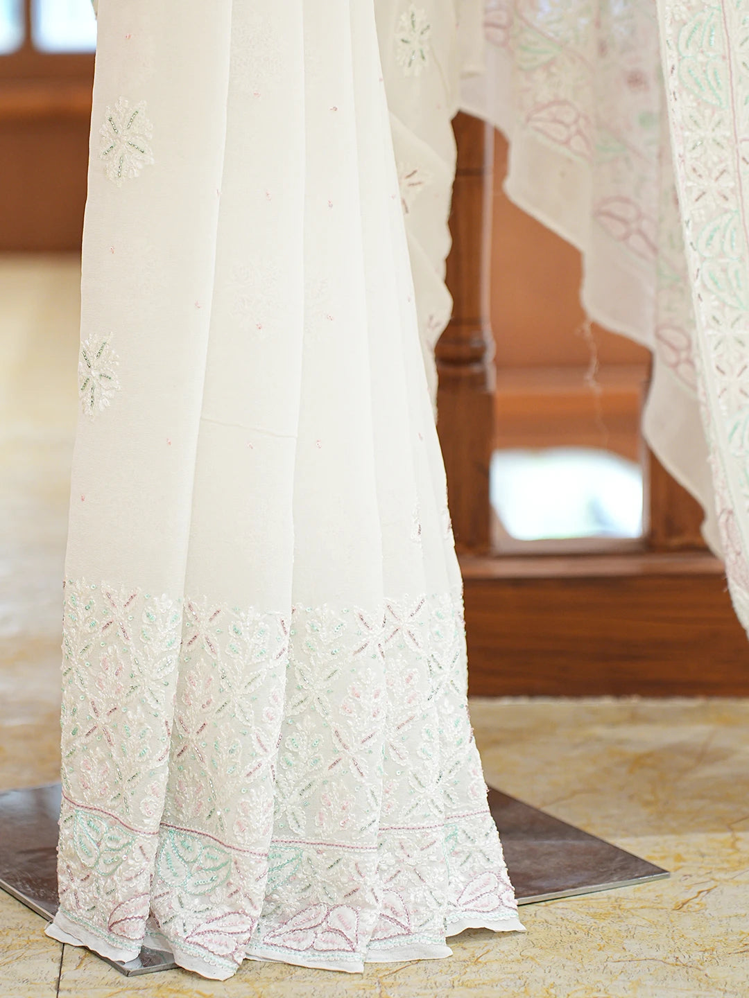 Ada Hand Embroidered White Pure Georgette Lucknowi Chikankari Saree and Blouse With Cutdana Work 01A628057