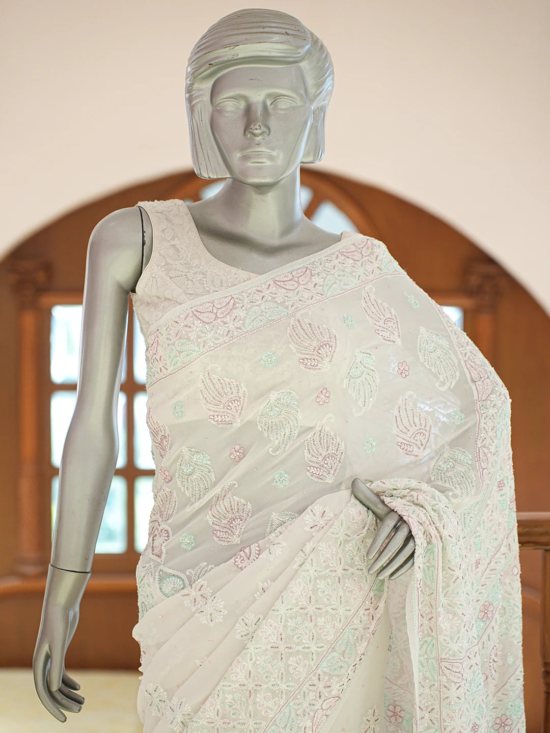Ada Hand Embroidered White Pure Georgette Lucknowi Chikankari Saree and Blouse With Cutdana Work 01A628057