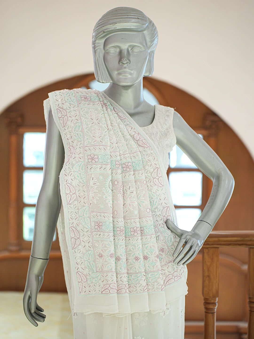 Ada Hand Embroidered White Pure Georgette Lucknowi Chikankari Saree and Blouse With Cutdana Work 01A628057