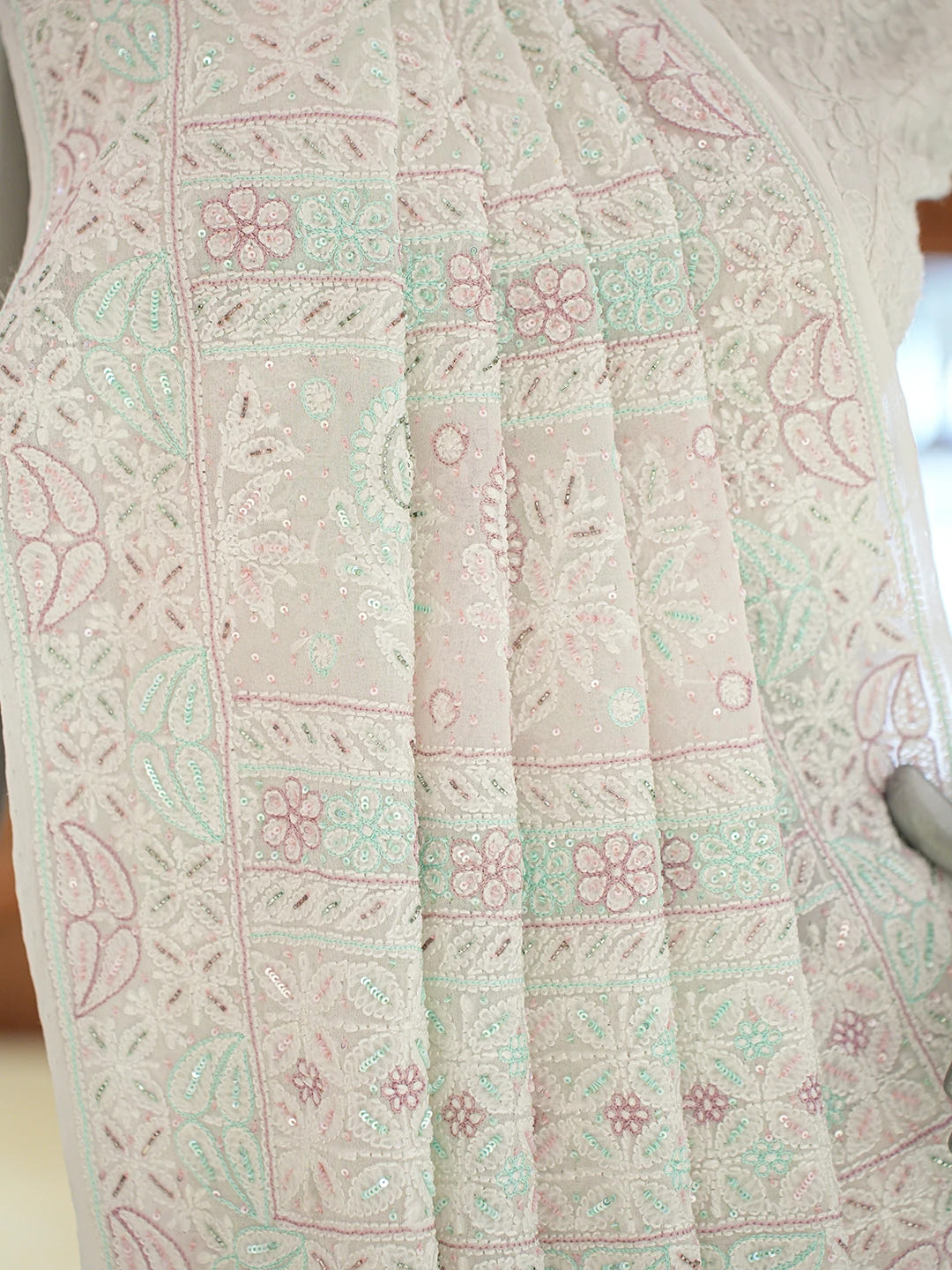 Ada Hand Embroidered White Pure Georgette Lucknowi Chikankari Saree and Blouse With Cutdana Work 01A628057
