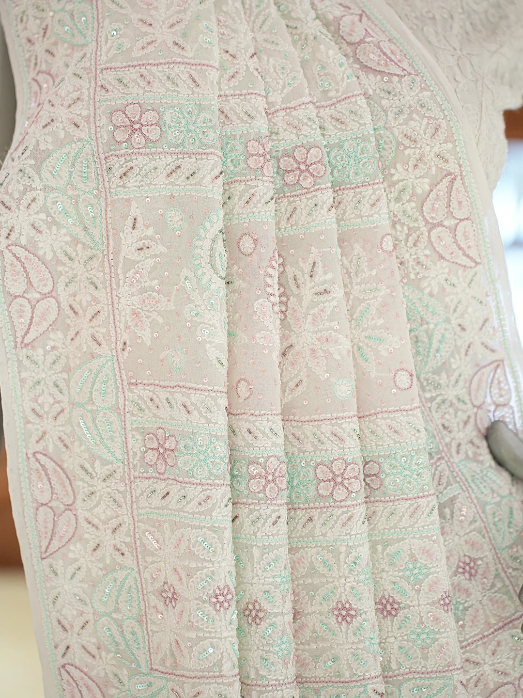 Ada Hand Embroidered White Pure Georgette Lucknowi Chikankari Saree and Blouse With Cutdana Work 01A628057