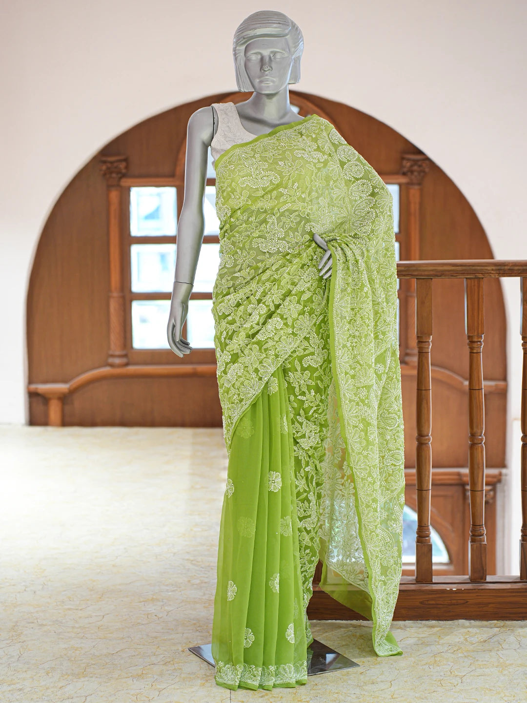 Ada Hand Embroidered Green Georgette Lucknowi Chikankari Saree and Blouse With Cutdana Work 01A719247