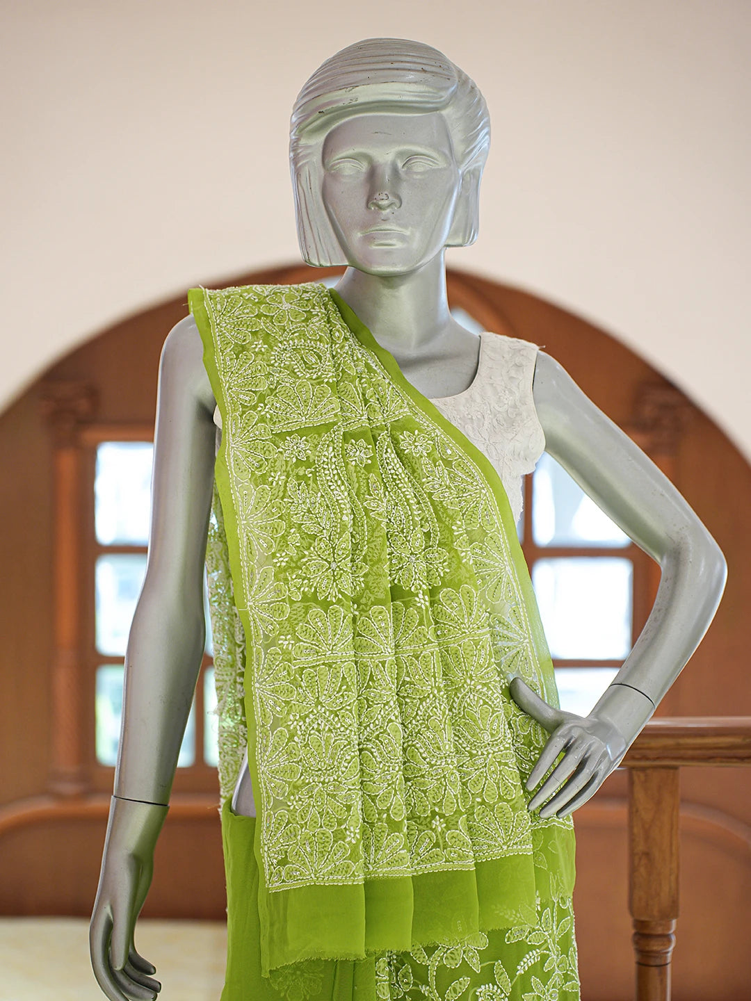 Ada Hand Embroidered Green Georgette Lucknowi Chikankari Saree and Blouse With Cutdana Work 01A719247