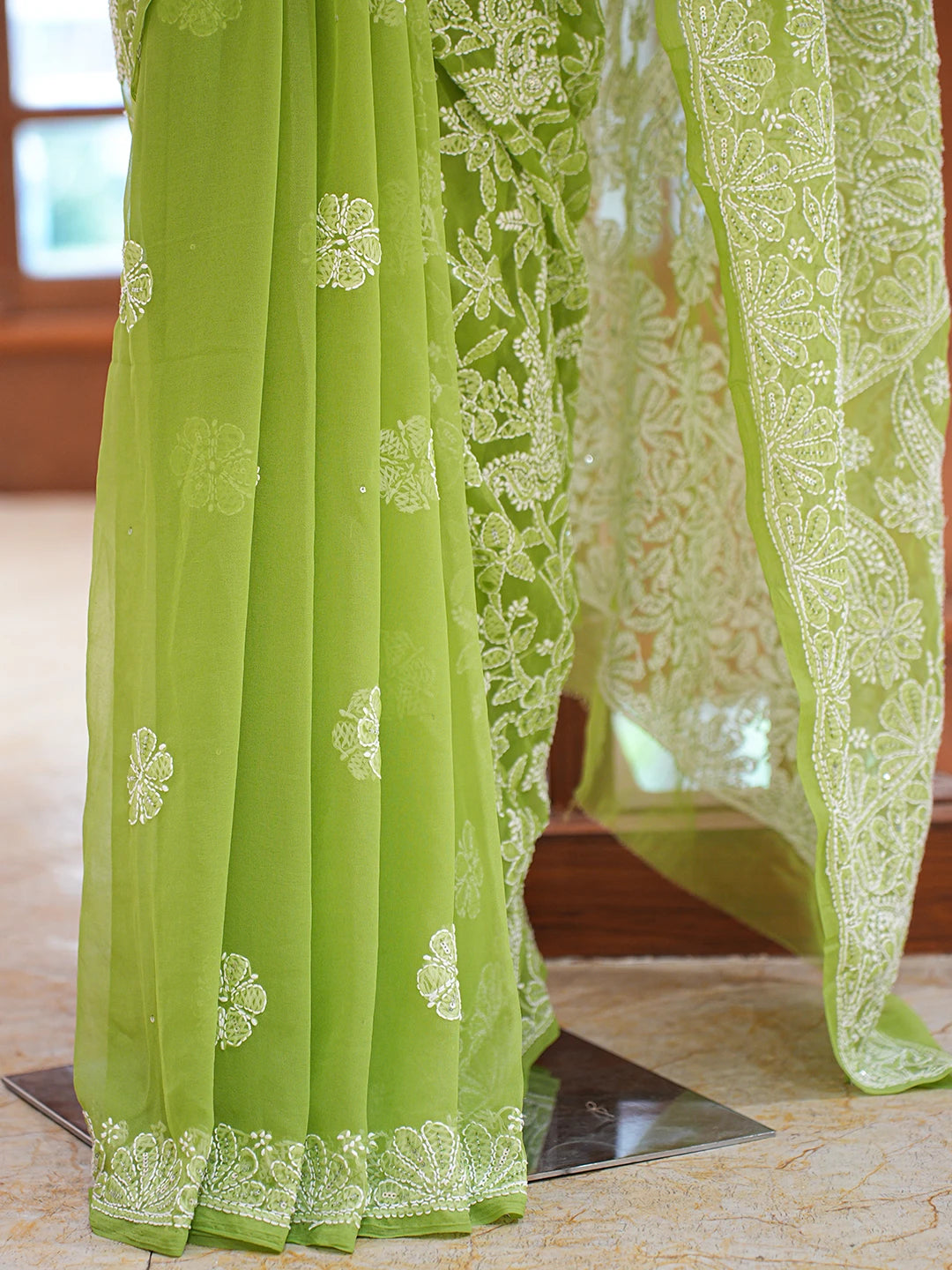 Ada Hand Embroidered Green Georgette Lucknowi Chikankari Saree and Blouse With Cutdana Work 01A719247