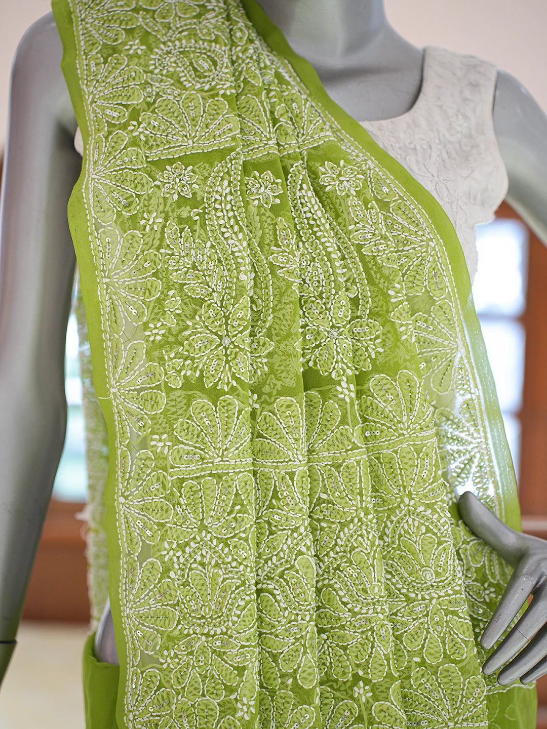 Ada Hand Embroidered Green Georgette Lucknowi Chikankari Saree and Blouse With Cutdana Work 01A719247