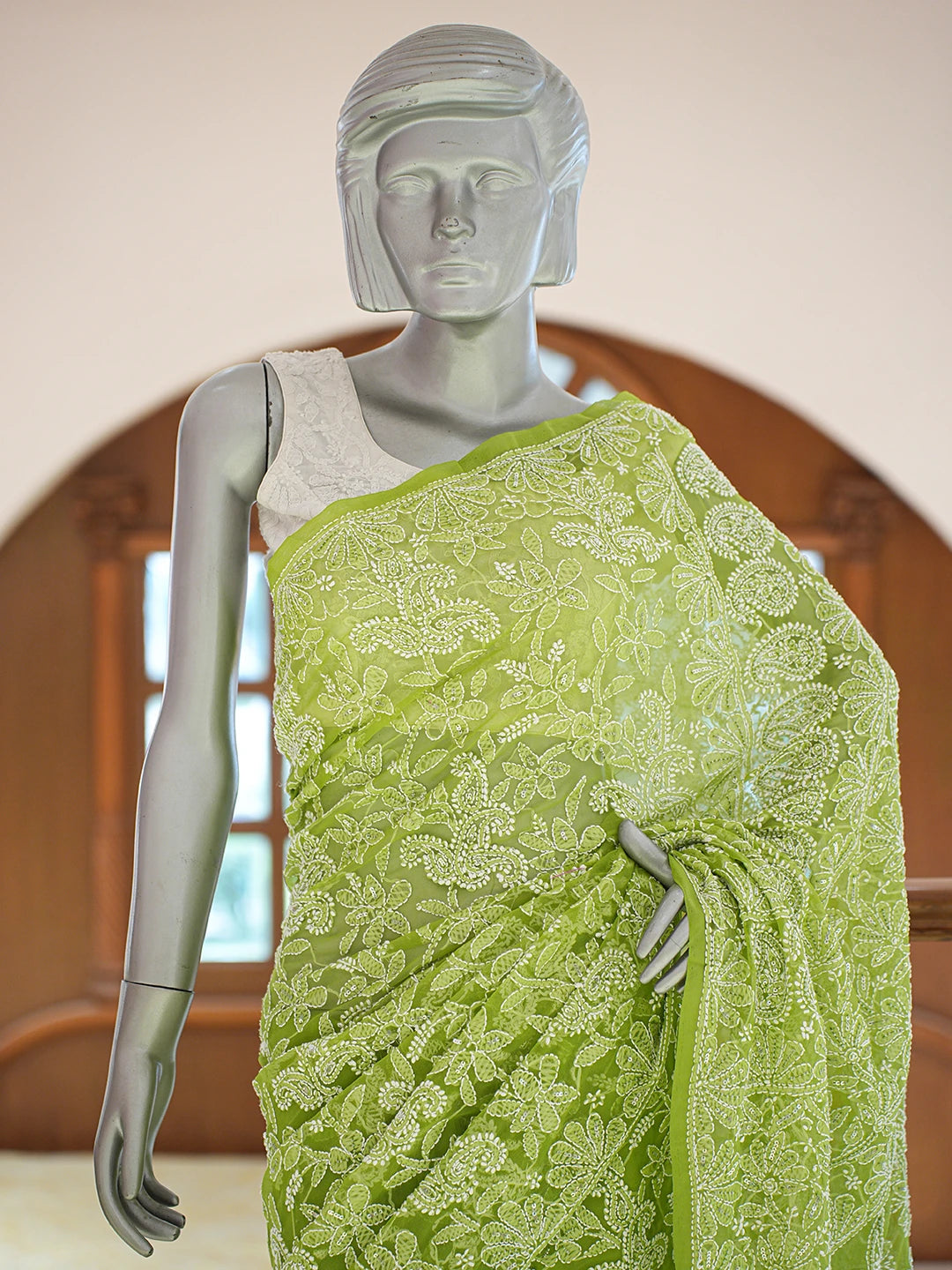 Ada Hand Embroidered Green Georgette Lucknowi Chikankari Saree and Blouse With Cutdana Work 01A719247
