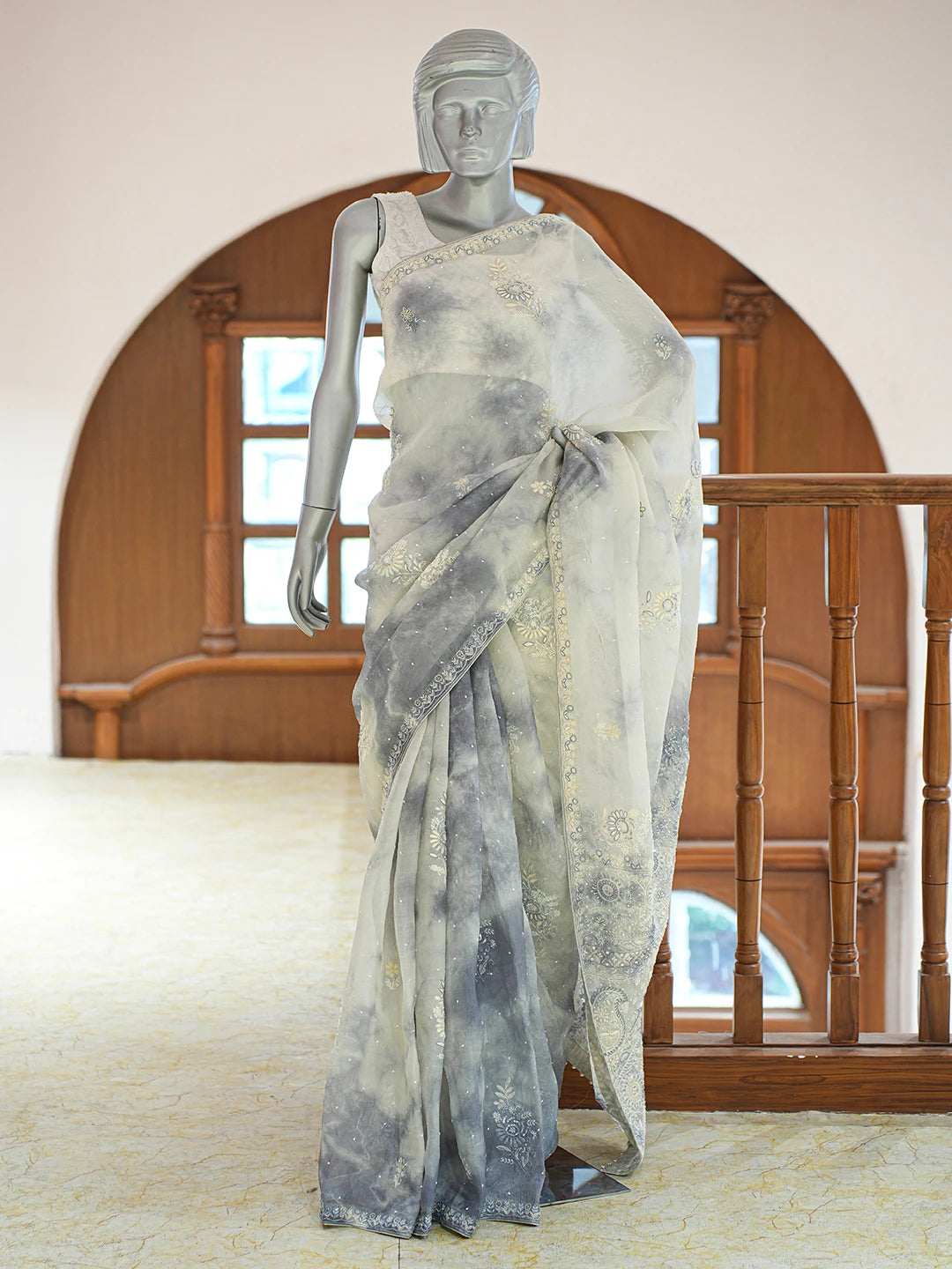 Ada Hand Embroidered Grey Organza Lucknowi Chikankari Saree and Blouse With Cutdana Work 01A697706
